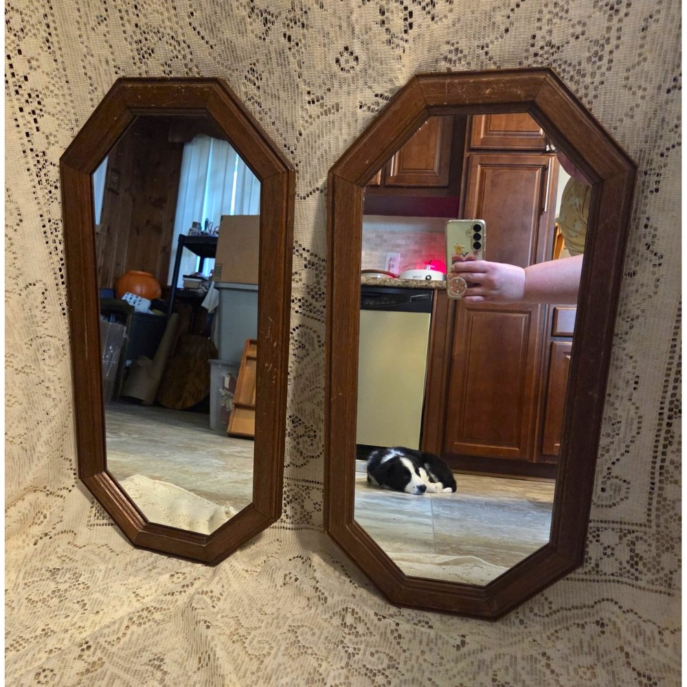 Vintahe Octagonal Brown Wood Framed Accent Mirrors Wall Mounted Set